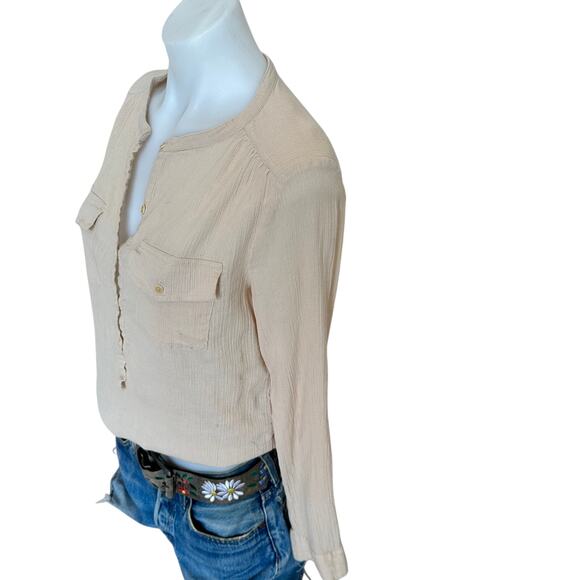 Zadig & Voltair Beige Gauze Henley Top LARGE Crinkle Cotton Designer $158 - Picture 3 of 5